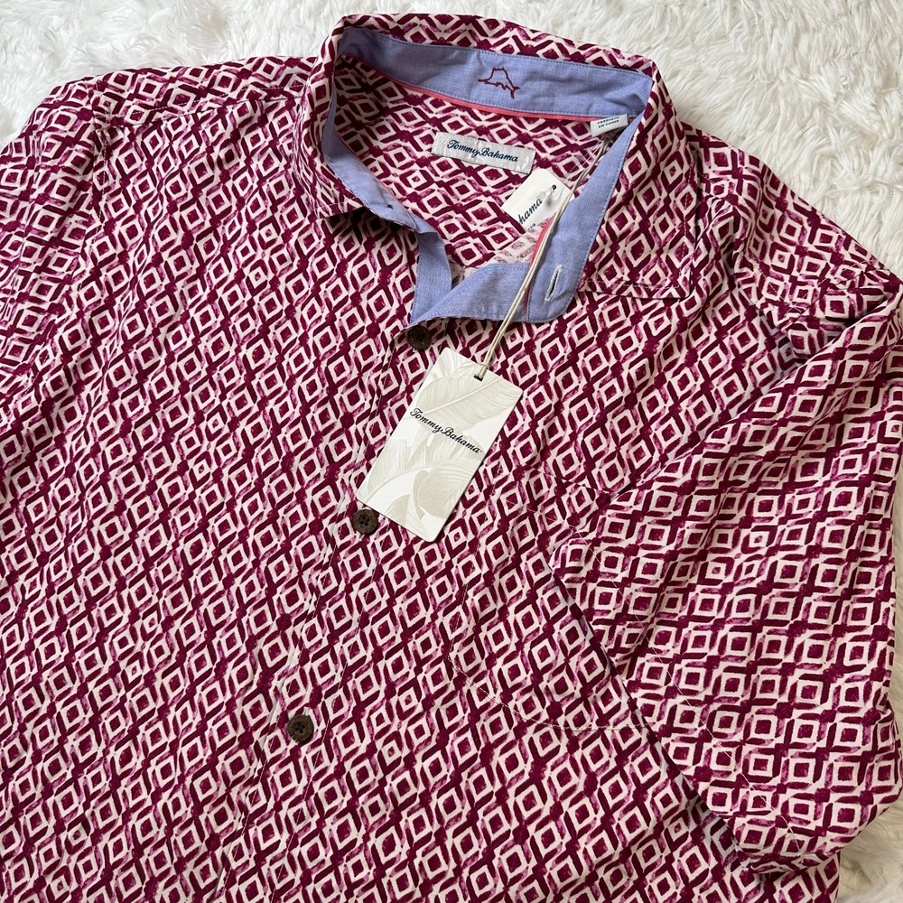 Tommy Bahama Diamond Tides Shirt Mens L Pink Geometric Button Up ST326239 NWT